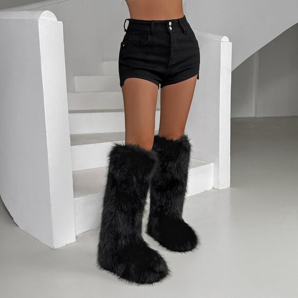 ⚡Women Black Faux Fur Fluffy Cosy Round Toe Knee High Warm Outdoor Fur Boot - Picture 4 of 7